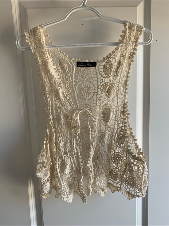 Tops - Cream Crochet Tie-Front Vest